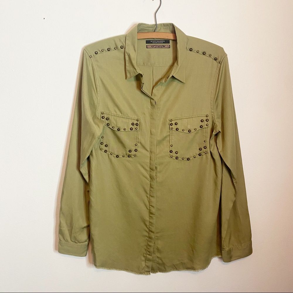 Scotch & Soda Stardust Motel Olive Green Metal Studded Button Up Blouse Size 3